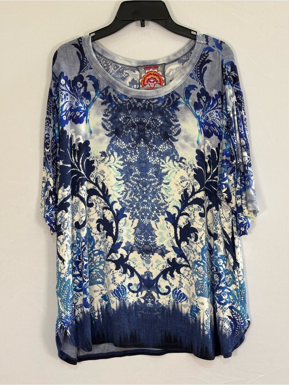 Johnny Was Janie Favorite Oversized Cropped Tee Starling Blue White M